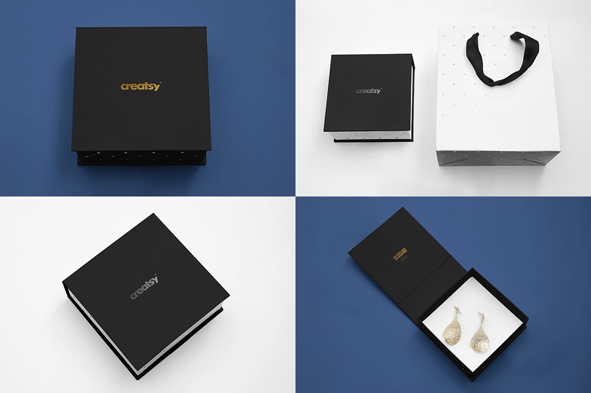 Jewelry box mockup set showing black and white square boxes, one open with earrings inside, on blue and white backgrounds.