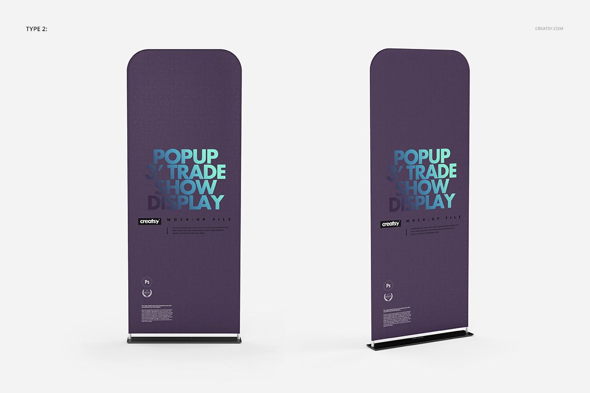 PSD mockup of dual trade show display banners, each with a purple surface and turquoise text, displayed side by side.