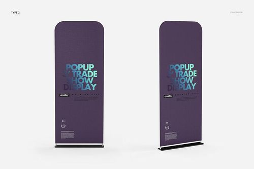 PSD mockup of dual trade show display banners, each with a purple surface and turquoise text, displayed side by side.