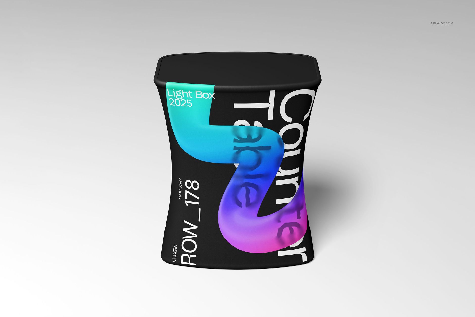 LED portable curved pop-up counter mockup featuring bold gradient design, shown from the front in a clean studio setting.