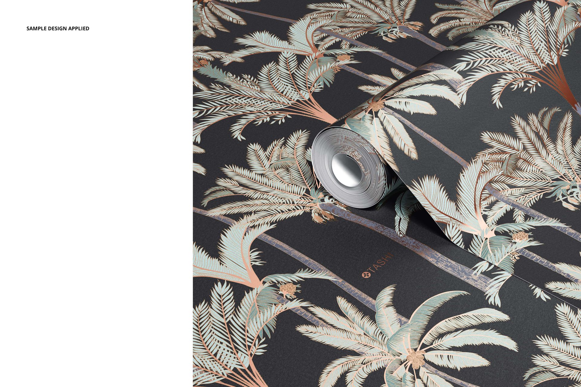Close-up of a paper wallpaper mockup with a palm tree design in soft green and copper shades, partially unrolled.