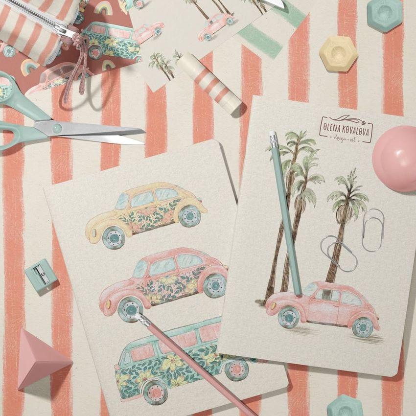 Stationery mockup featuring two classic A4 notebooks with illustrated vintage cars and palm trees, surrounded by pastel office supplies.