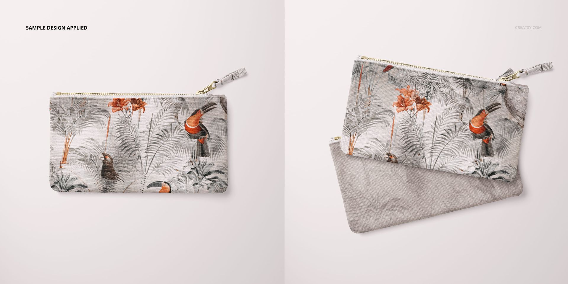 Flat canvas pouch with fabric zipper pull, featuring a tropical bird and leaf pattern, shown in front and angled views.