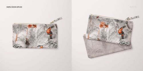 Flat canvas pouch with fabric zipper pull, featuring a tropical bird and leaf pattern, shown in front and angled views.
