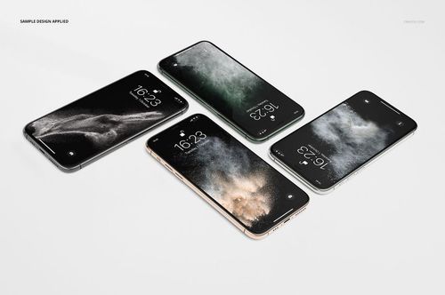iPhone 11 Pro PSD mockup set featuring multiple phones in various colors, each with a unique dark-themed display.