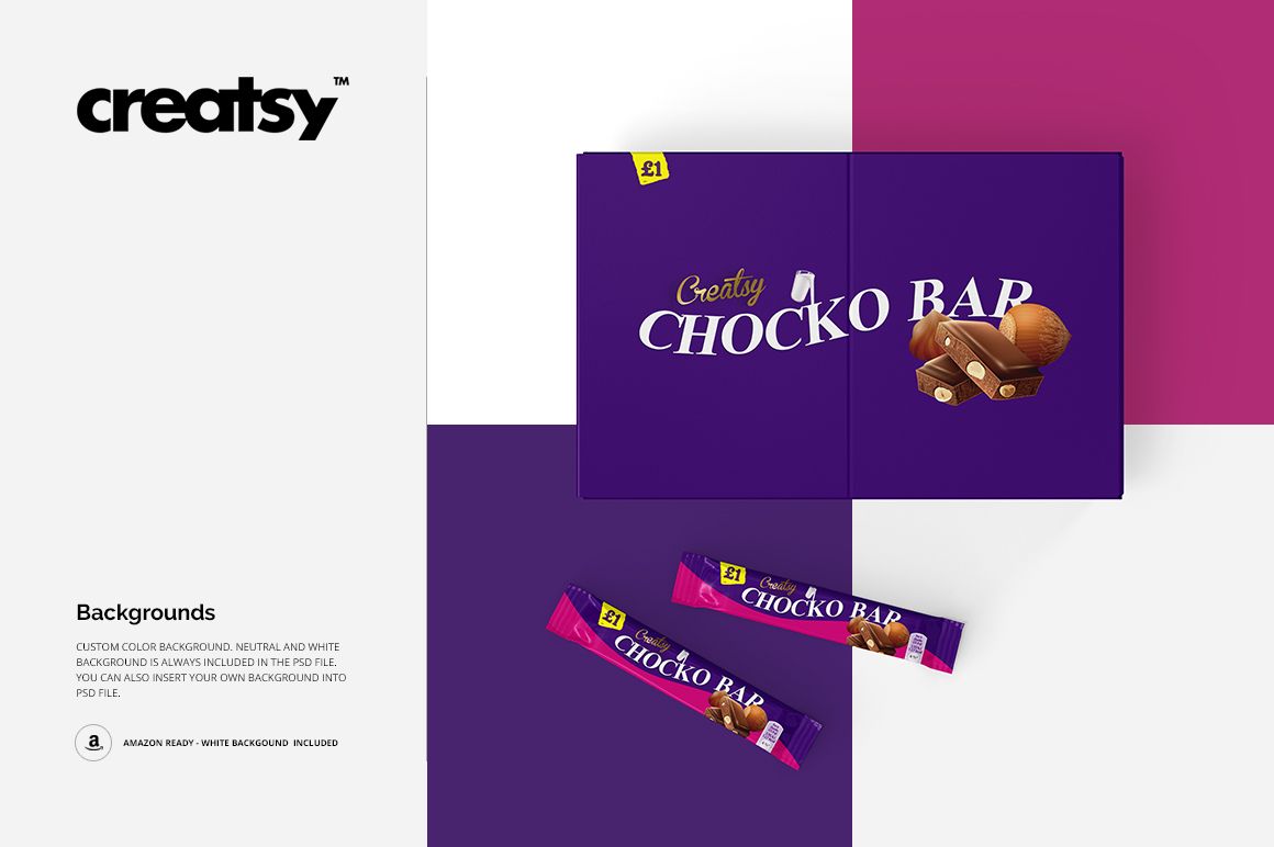 Front view of a chocolate bar box mockup set with two purple rectangular boxes and three chocolate bar wrappers on a light background.