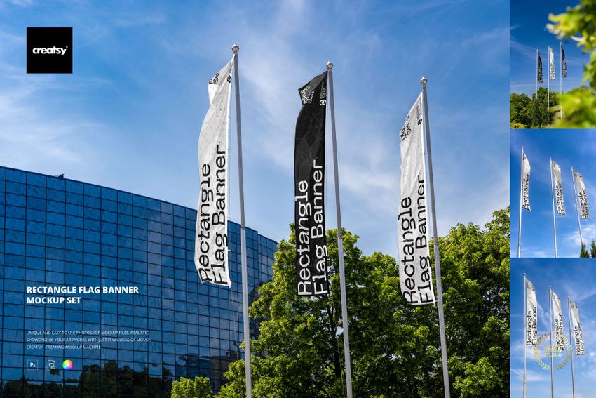 Rectangle flag banner PSD mockup showing vertical flags in black and white, positioned outdoors with blue sky and trees.