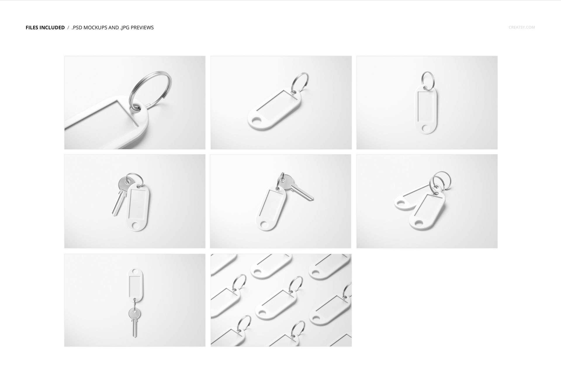Nine mockup scenes featuring rectangular metal key tags with rings, isolated on a clean white surface.
