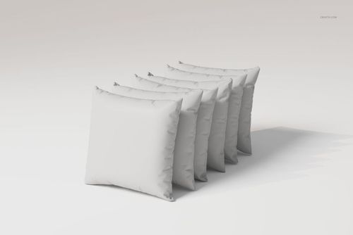 Front view of five square velvet cushions arranged in a row on a plain light background, soft fabric texture visible.
