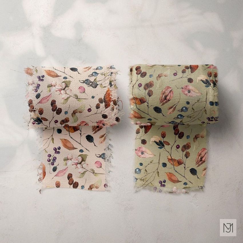 Two silk ribbon mockups with autumn botanical patterns, one in cream and one in sage green, displayed on a light surface.