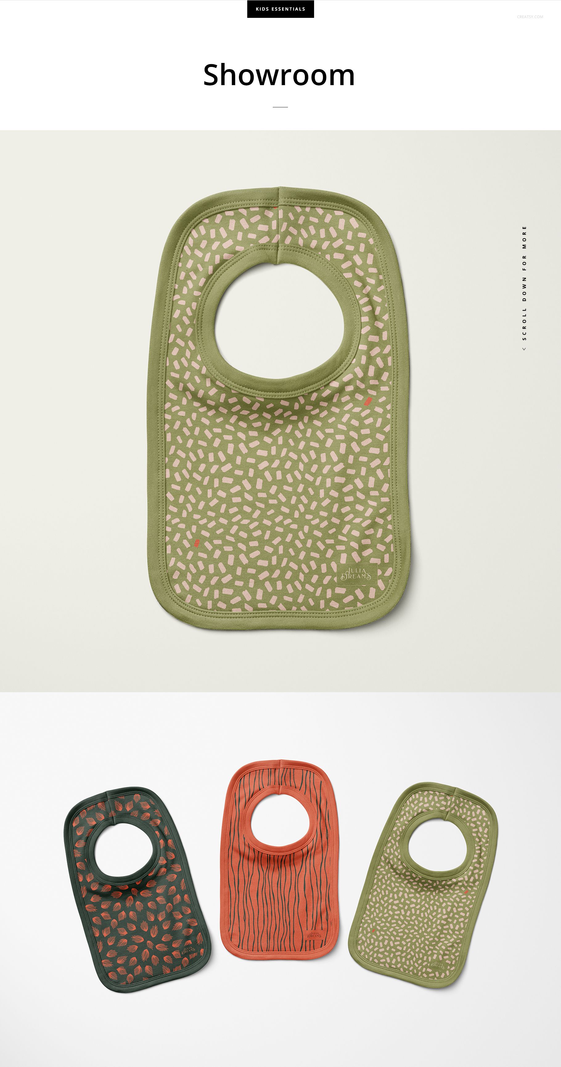 Pullover bibs mockup set showing three bibs in assorted colors and patterns, arranged side by side on a neutral surface.