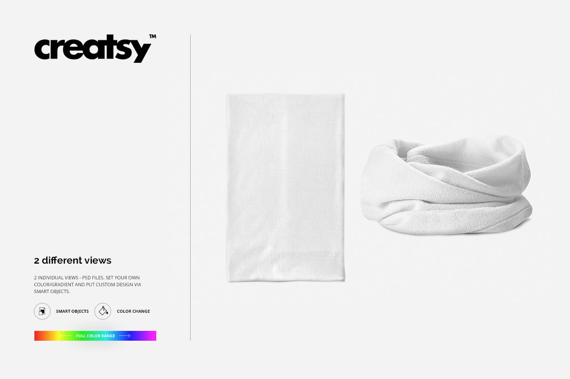 Neck warmer mockup set featuring two views: a flat rectangular fabric and a loosely folded tubular scarf, both in white.