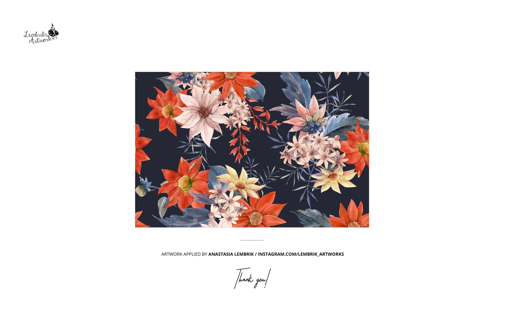 Rectangular stationery mockup featuring a floral pattern with red, pink, and white flowers on a dark background, front view.