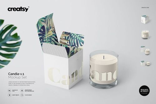 Classic candle mockup featuring a transparent glass jar with white wax and open decorative box, front perspective.
