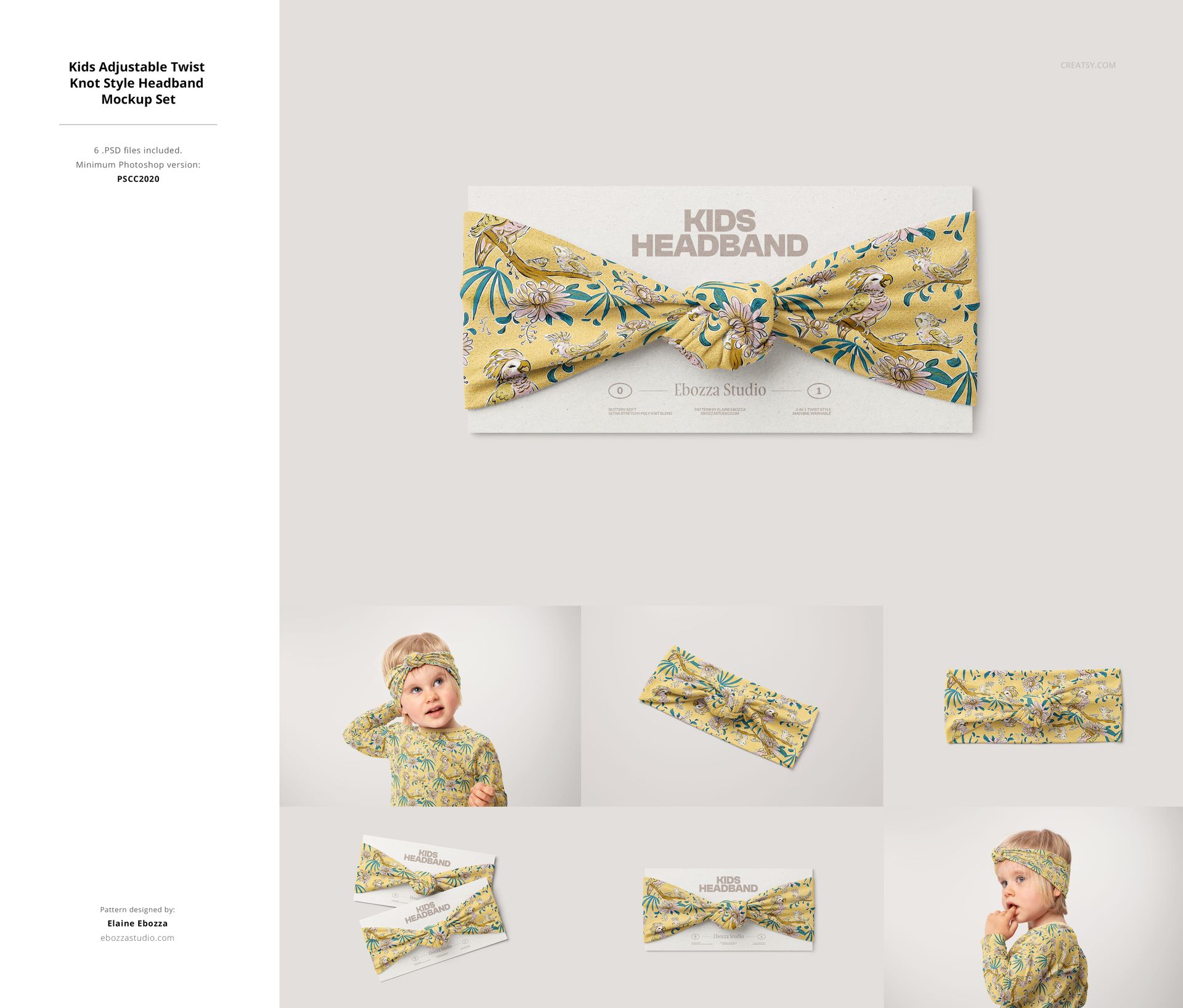 Front view of a yellow kids headband with a twist knot design and floral pattern, shown on a mockup card.