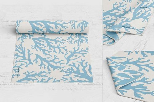 Close-up and angled views of a woven rug mockup featuring a blue coral design on a white textured background.