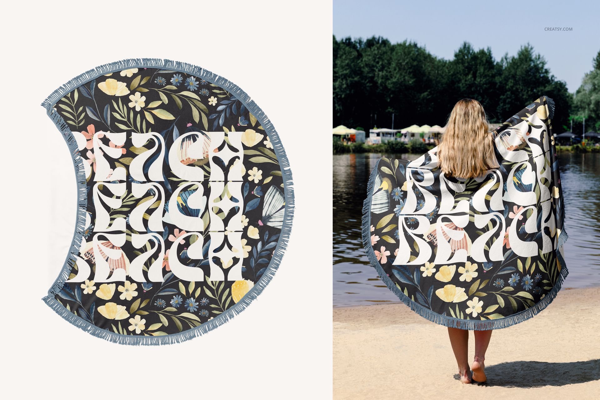 PSD mockup of a circular fringed beach towel with colorful floral and swan design, viewed from above and at a lakeshore.
