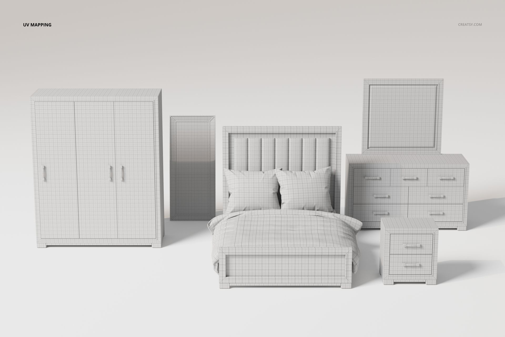 Bedroom furniture set 3D model featuring a wardrobe, bed with pillows, nightstand, dresser, and mirror in a grid pattern.