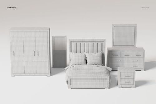 Bedroom furniture set 3D model featuring a wardrobe, bed with pillows, nightstand, dresser, and mirror in a grid pattern.