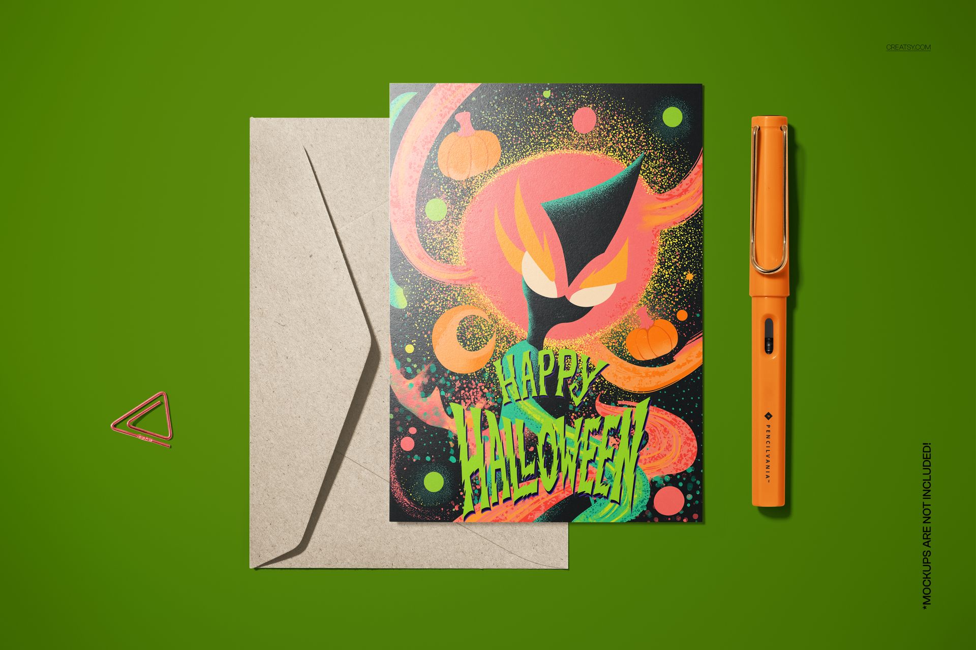 5x7 card mockup featuring a vintage Halloween design with a black creature, pumpkins, and swirling patterns.