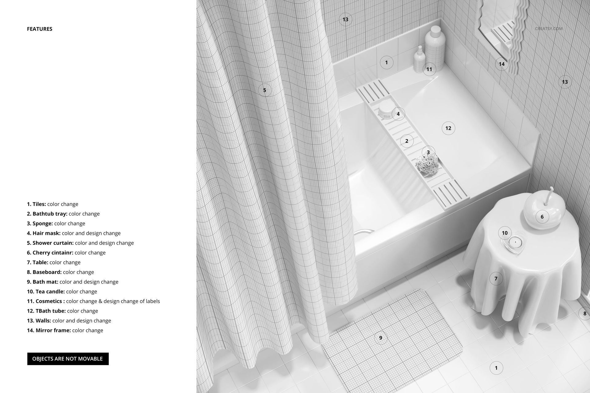 Modern bathroom mockup featuring a grid shower curtain, tiled walls, bathtub, and accessories from a top perspective.