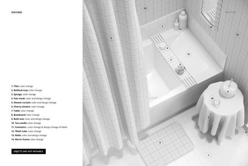 Modern bathroom mockup featuring a grid shower curtain, tiled walls, bathtub, and accessories from a top perspective.