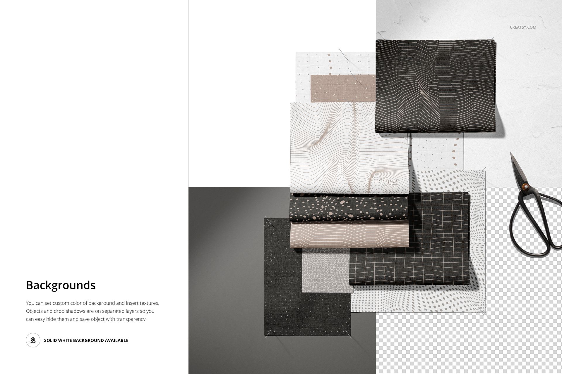 PSD mockup showing layered cotton and linen fabric samples in various colors and patterns, with a pair of scissors as a prop.