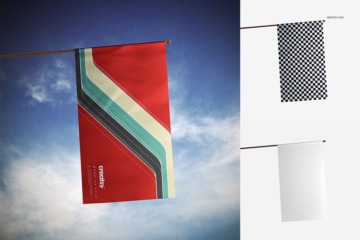 House flag mockup set featuring a rectangular flag on a wooden pole, shown outdoors against a blue sky.