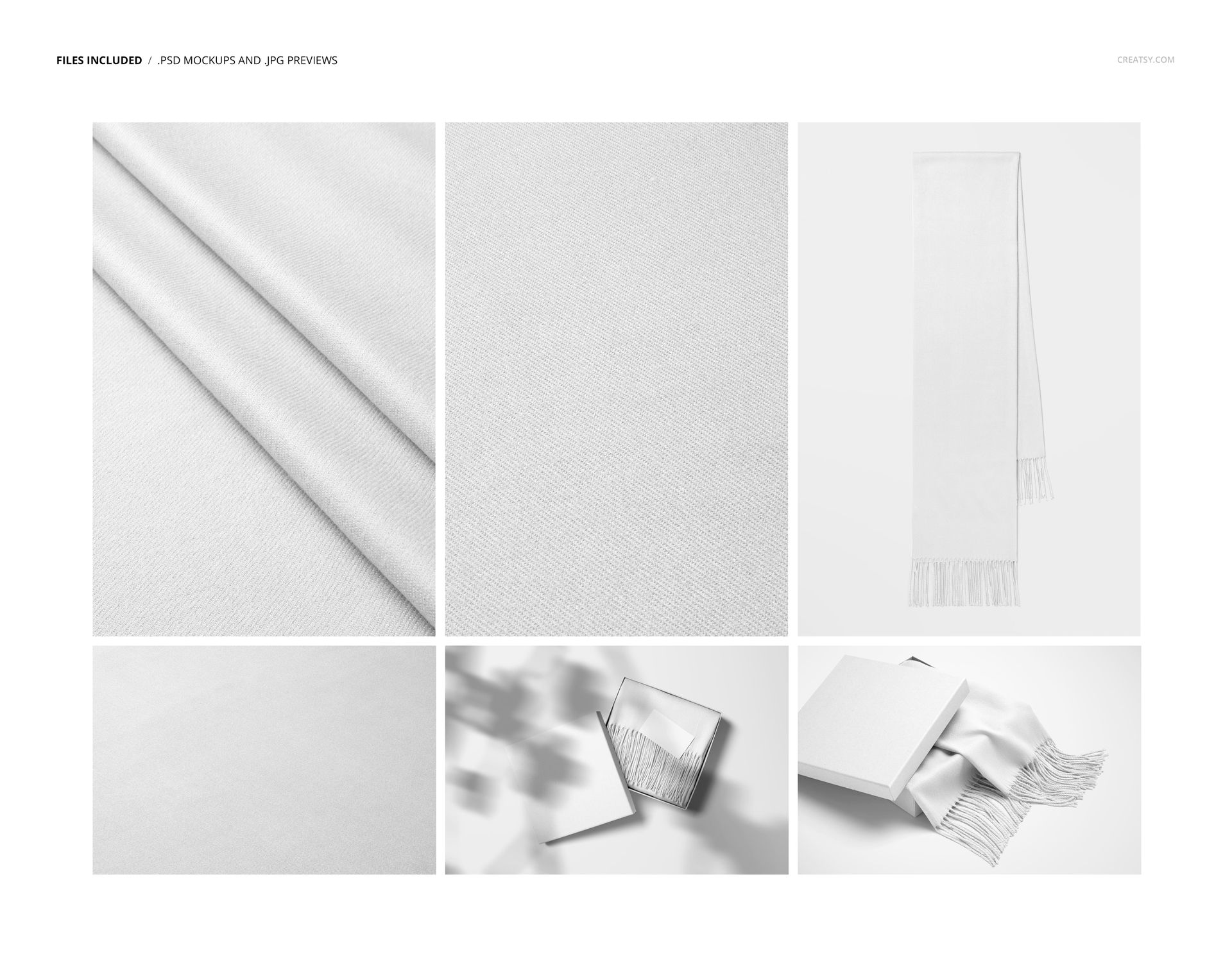 Woven fringed scarf mockup set featuring six views, including folded, close-up texture, full length, and packaging scenes.