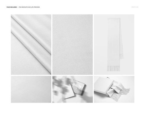 Woven fringed scarf mockup set featuring six views, including folded, close-up texture, full length, and packaging scenes.