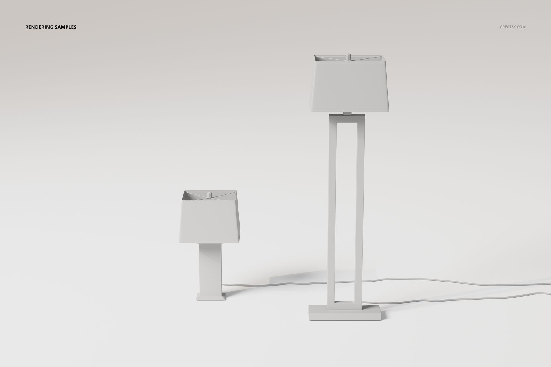 Front view of two art deco style lamps in a minimalist 3D rendering, featuring geometric shapes and neutral colors.