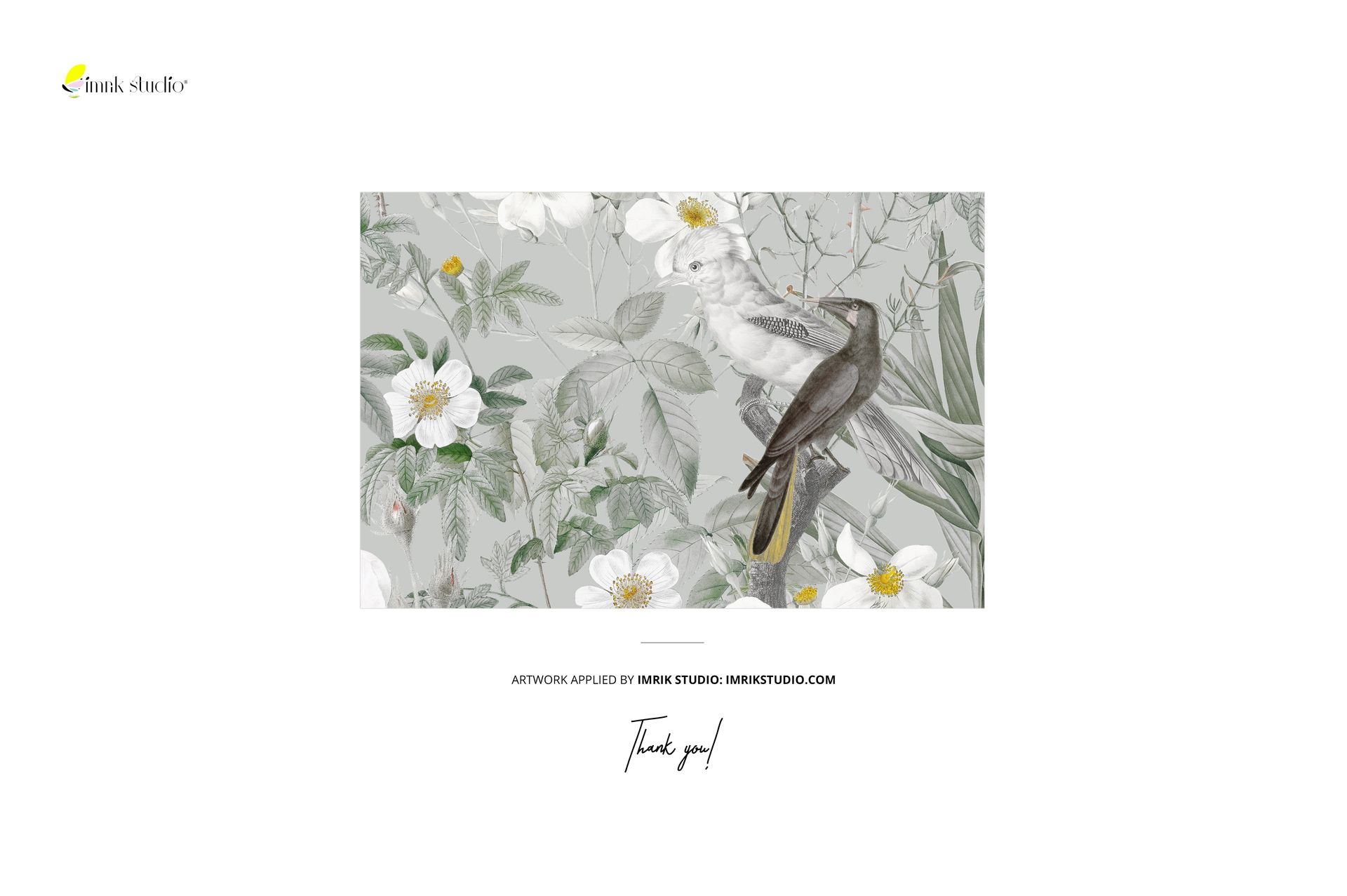 Front view of polyester drapery curtains fabric mockup featuring a botanical pattern with birds and white flowers.