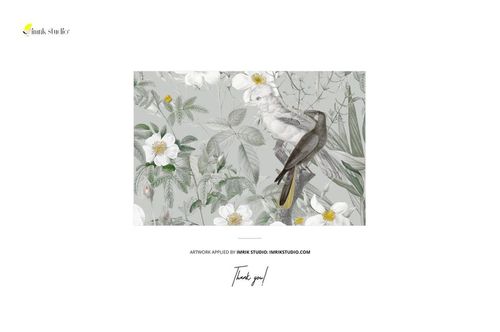 Front view of polyester drapery curtains fabric mockup featuring a botanical pattern with birds and white flowers.