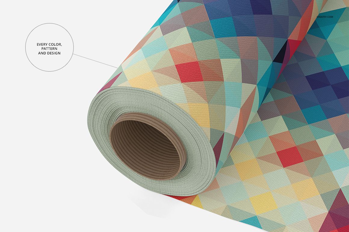 Colorful cotton material roll mockup featuring a vibrant diamond and triangle design, viewed from the front side.