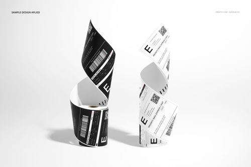 Curled shipping label mockups in black and white, standing vertically with barcode and text details visible.