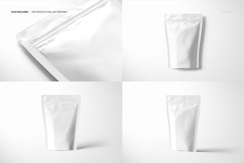 Glossy stand up zip lock pouch mockup shown in four views, featuring a plain white surface on a light background.