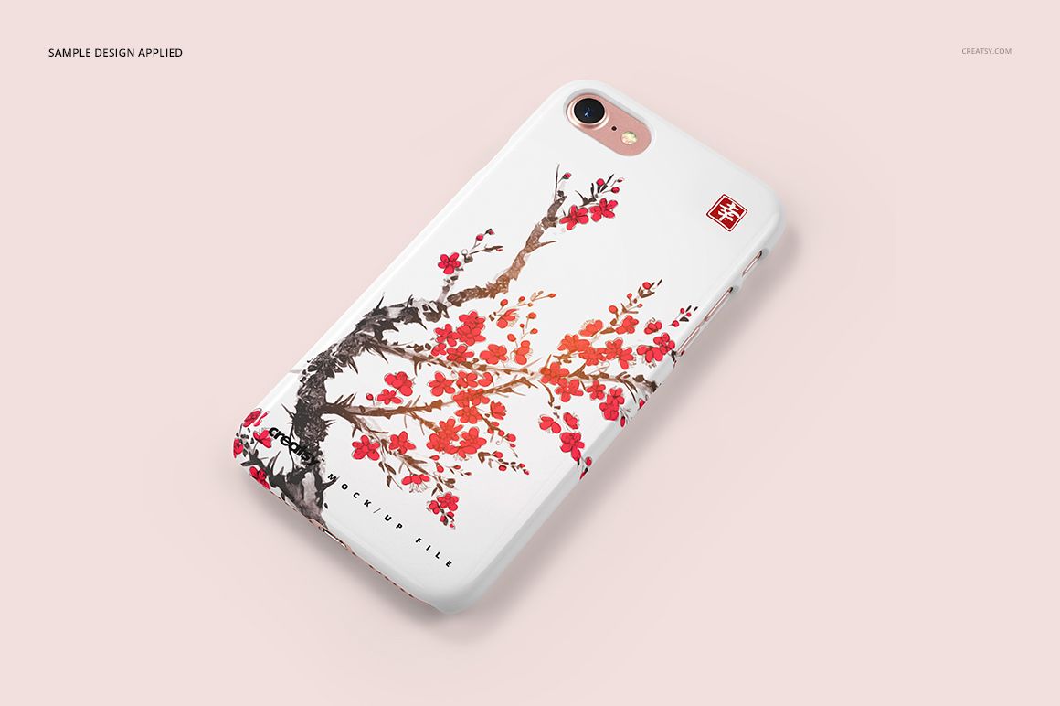 iPhone 7 plastic case mockup featuring a white case with a red and black floral pattern, shown from an angled top view.