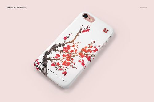iPhone 7 plastic case mockup featuring a white case with a red and black floral pattern, shown from an angled top view.