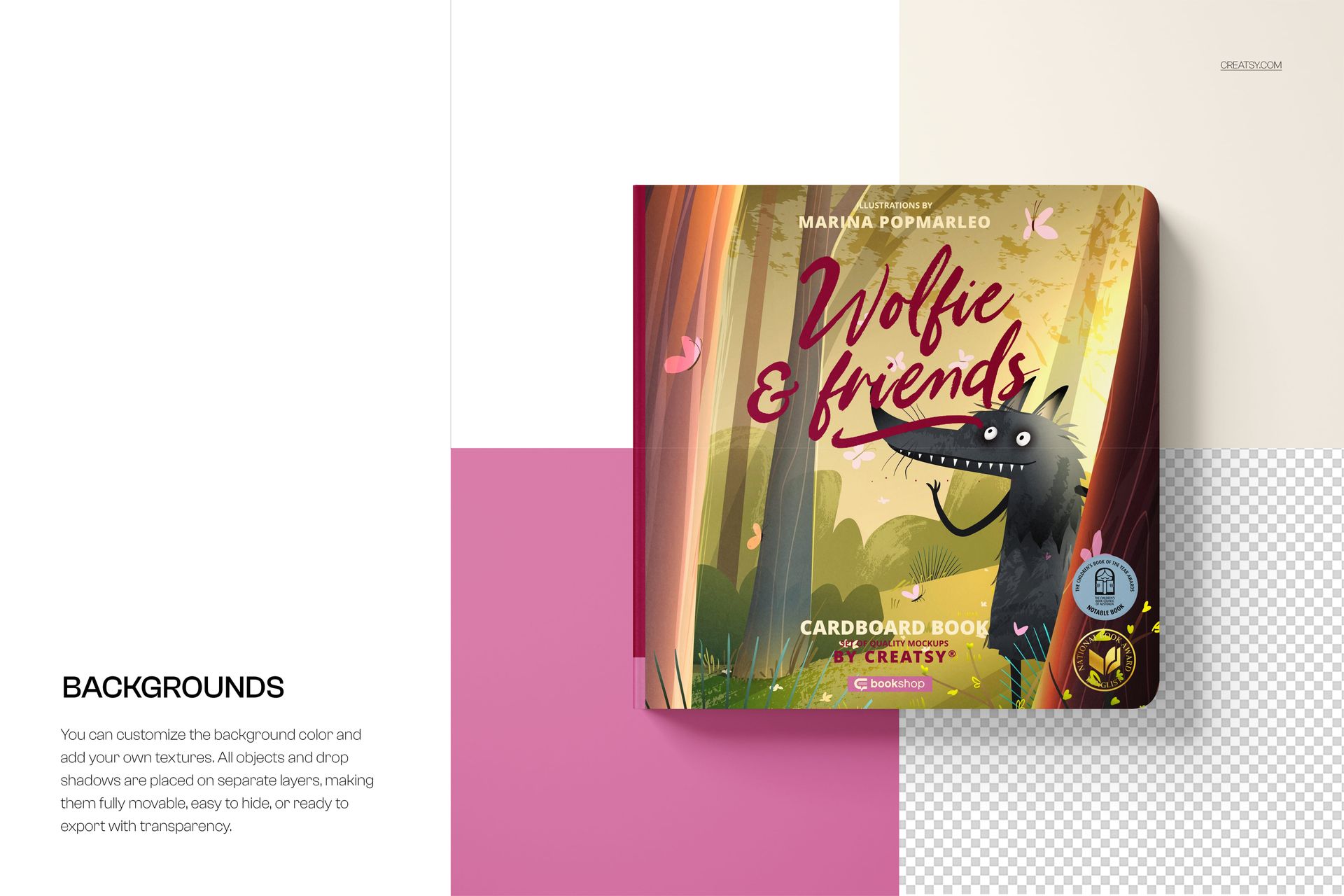 Square cardboard baby book with illustrated wolf cover, shown in a PSD mockup on a split white and transparent background.