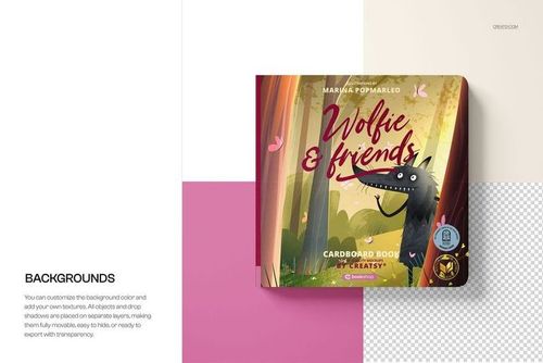 Square cardboard baby book with illustrated wolf cover, shown in a PSD mockup on a split white and transparent background.