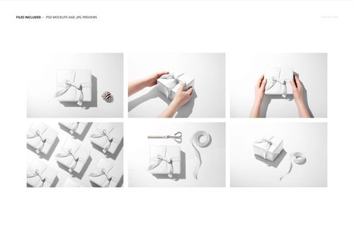 Multiple white gift boxes with ribbon, scissors, and tape roll arranged in a minimalist scene for packaging mockup.
