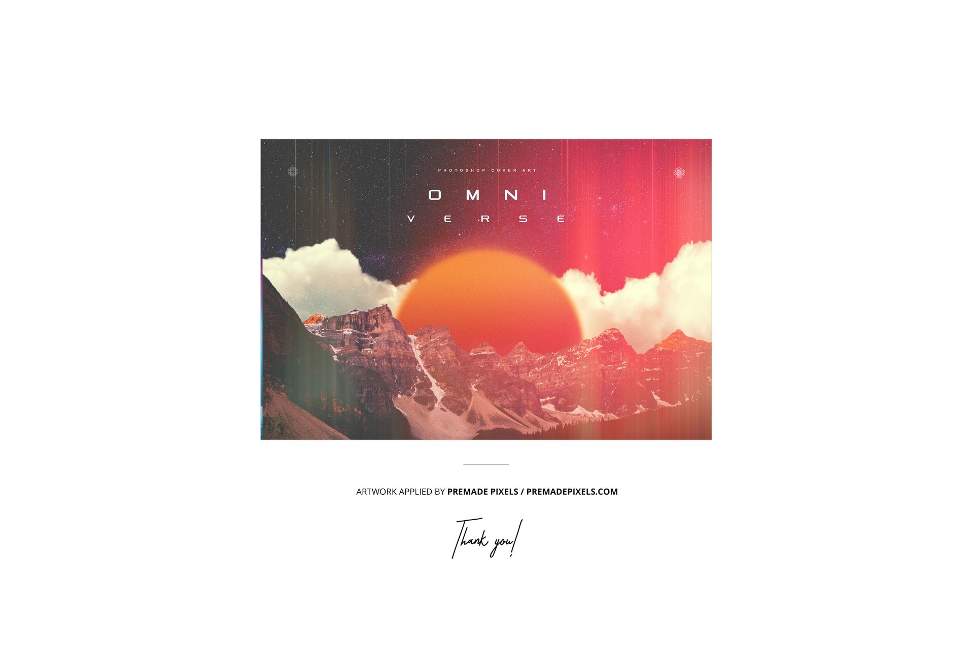 Front view of a vinyl record cover mockup featuring a multi-color segmented effect with a sunset over mountains.