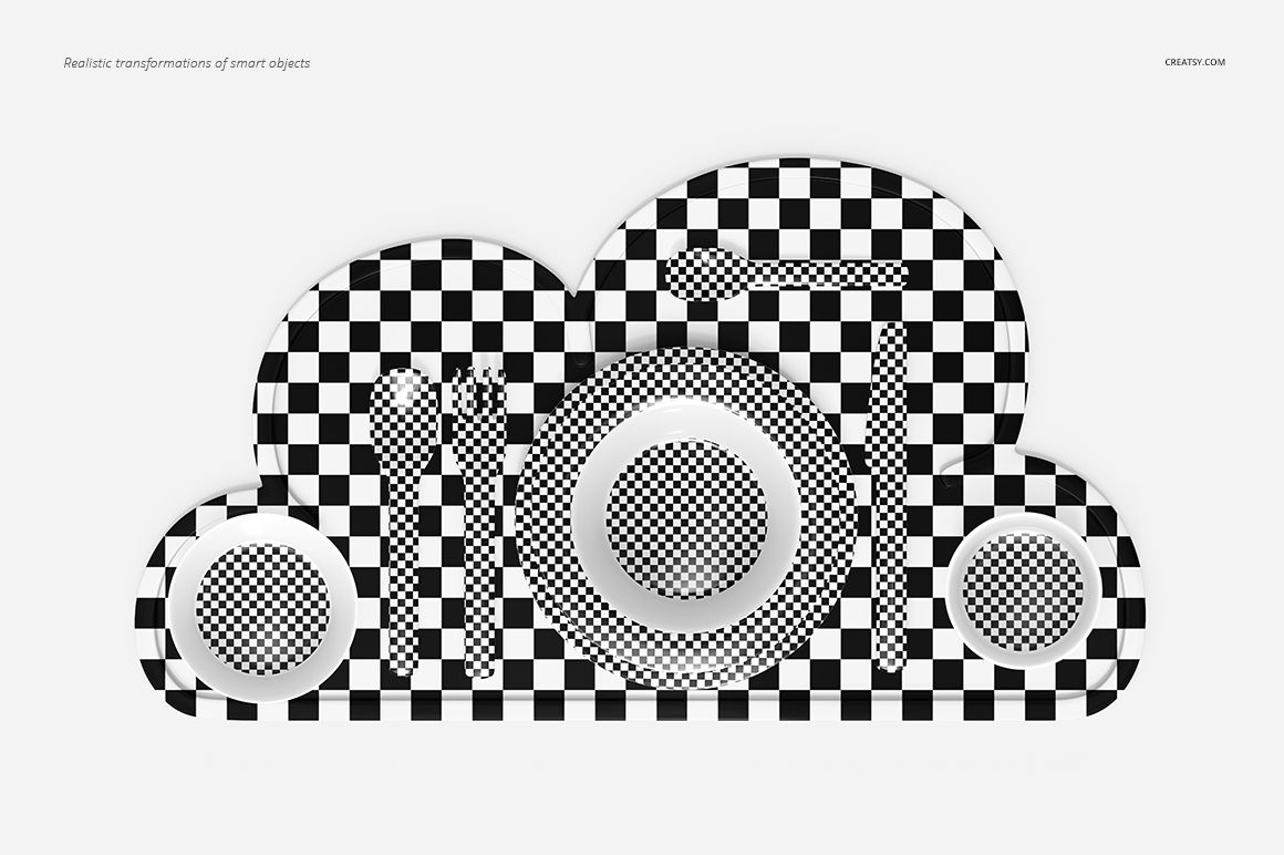 Melamine dinnerware set mockup featuring plates, bowls, and utensils with a black and white checkerboard pattern.