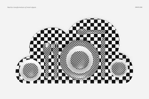 Melamine dinnerware set mockup featuring plates, bowls, and utensils with a black and white checkerboard pattern.