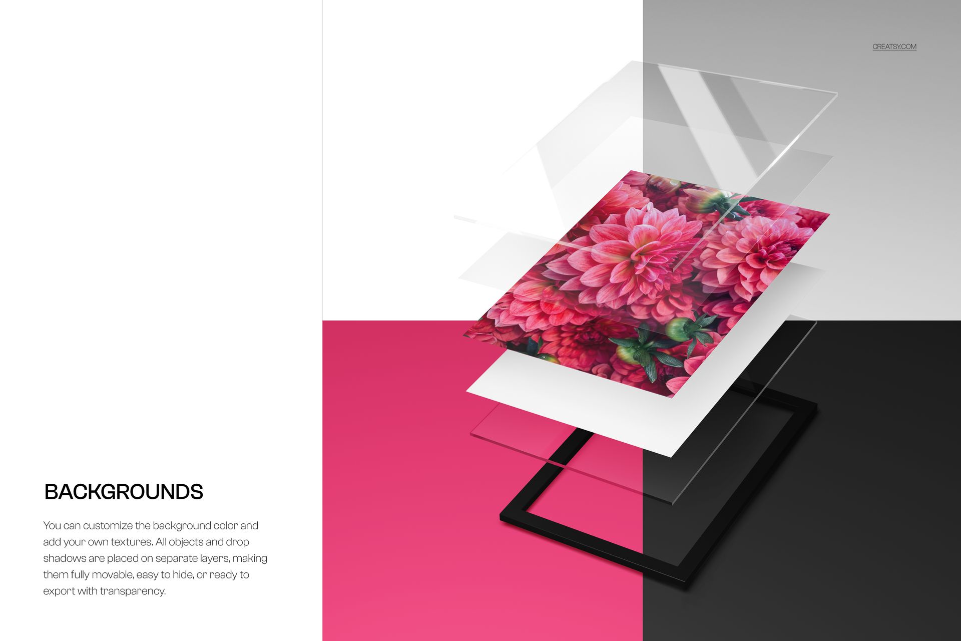 Acrylic photo print mockup with floating transparent layers, featuring pink flowers, shown from an angled view.
