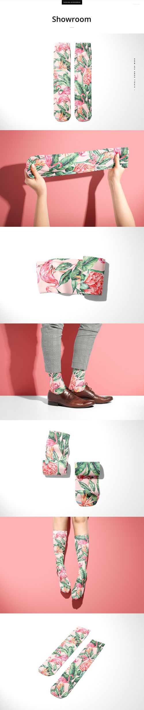 Sublimation tube socks mockup featuring white socks with green and pink floral design, displayed in multiple perspectives.