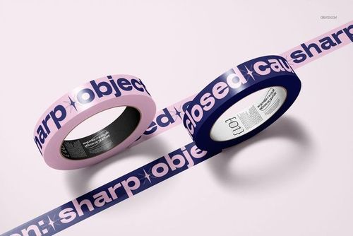 Mockup of two narrow duct tape rolls, pink and navy, with printed text, shown from a front angled perspective.