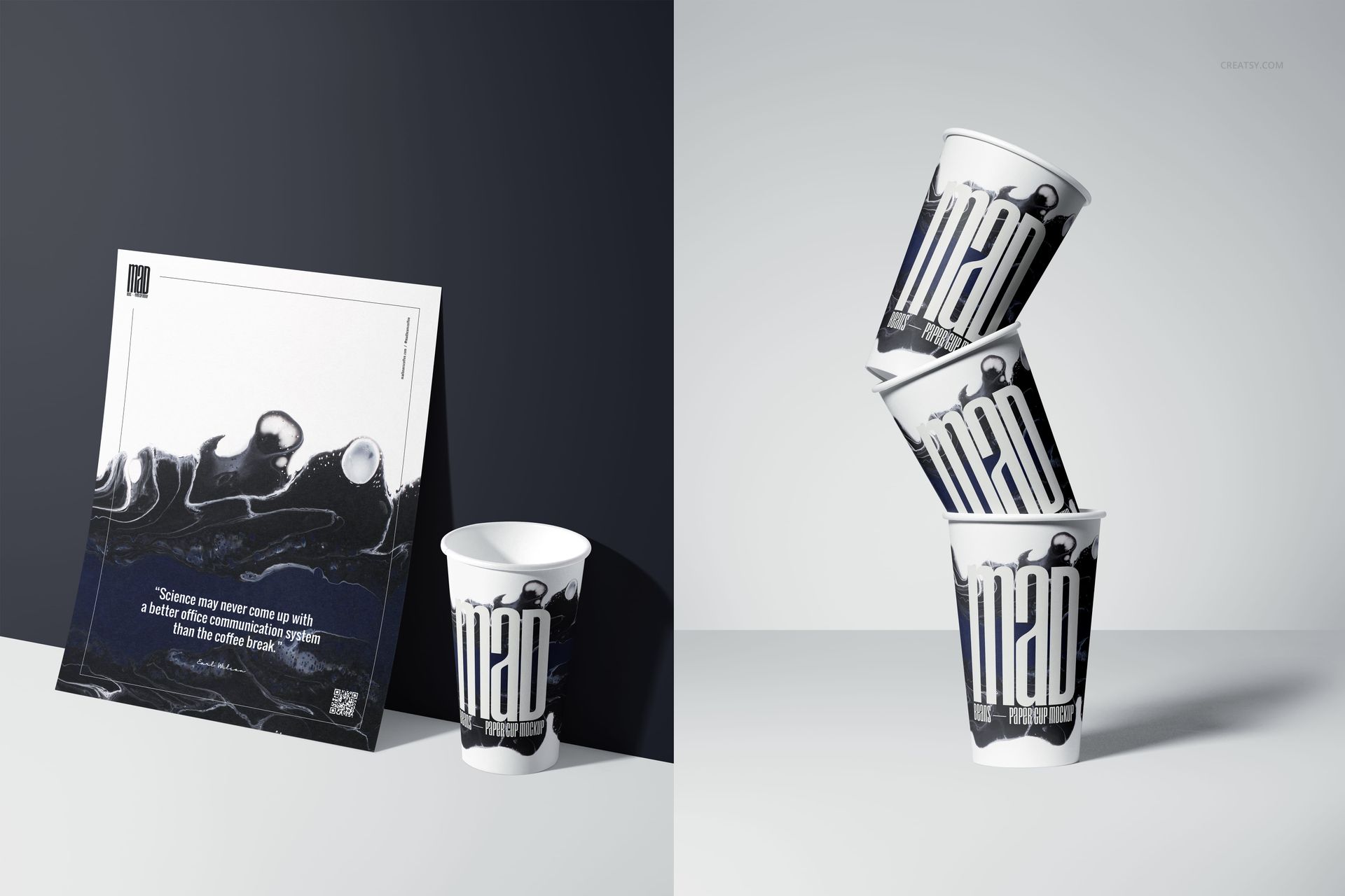 Paper cup PSD mockup featuring three cups with bold graphic pattern, arranged vertically beside a printed card.