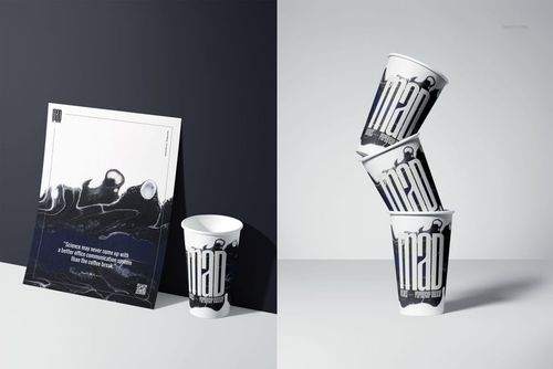 Paper cup PSD mockup featuring three cups with bold graphic pattern, arranged vertically beside a printed card.