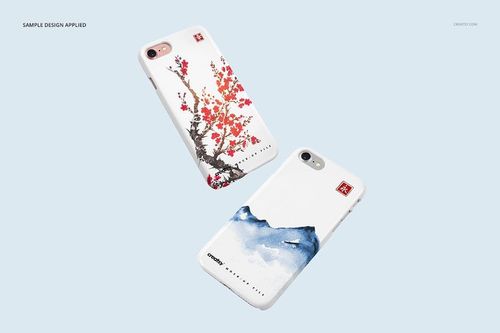 iPhone 7 plastic case PSD mockup set with contrasting designs, arranged diagonally against a pale blue backdrop.